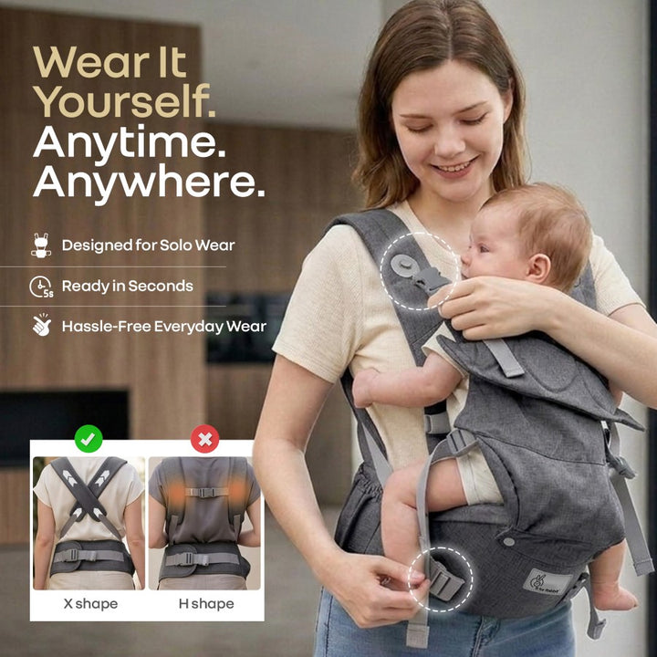 Solo Wrap Comfy 5-in-1 Baby Carrier with Detachable Hip Seat, X Back & Lumbar Support, Ergonomic M Position - Charcoal Grey