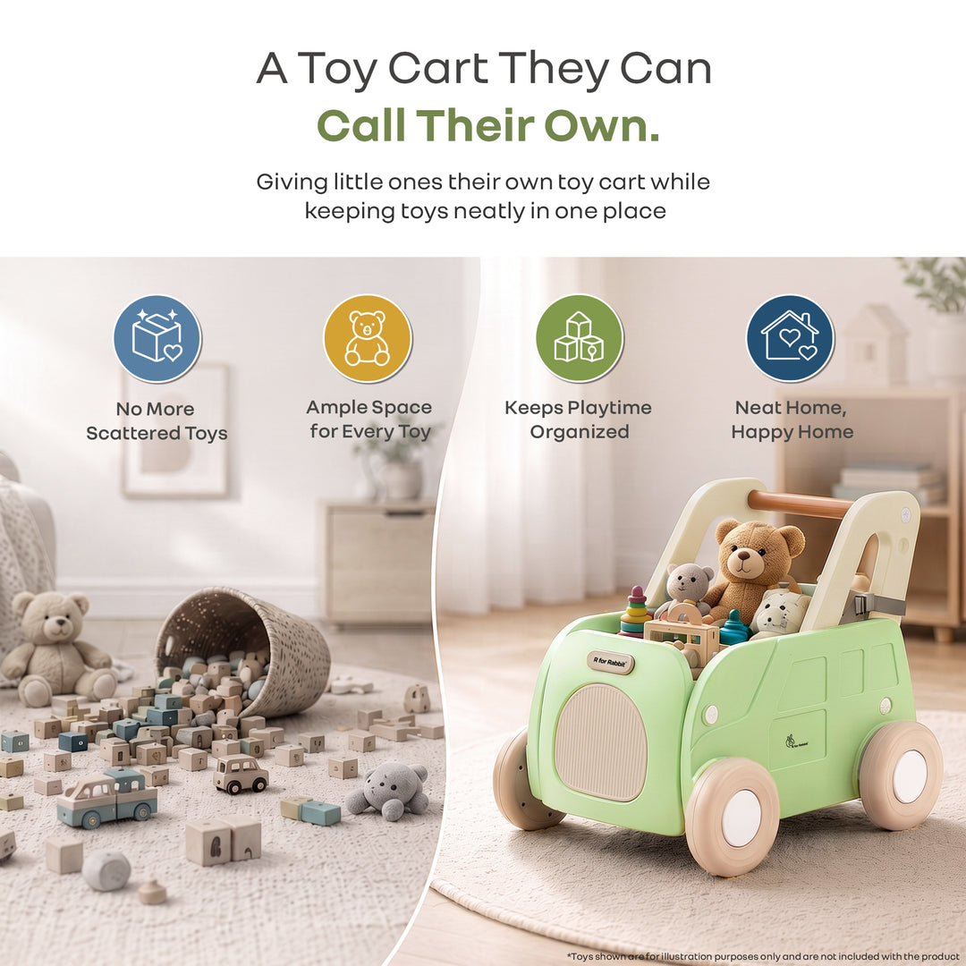 Kiddie Kart 4 in 1 Kids Toy Storage Cart, Sit & Ride, Push Walker & Pull Along, Adjustable Dual Height Handlebar, Quick Plug & Play, Age 0–3 Years – Green Beige