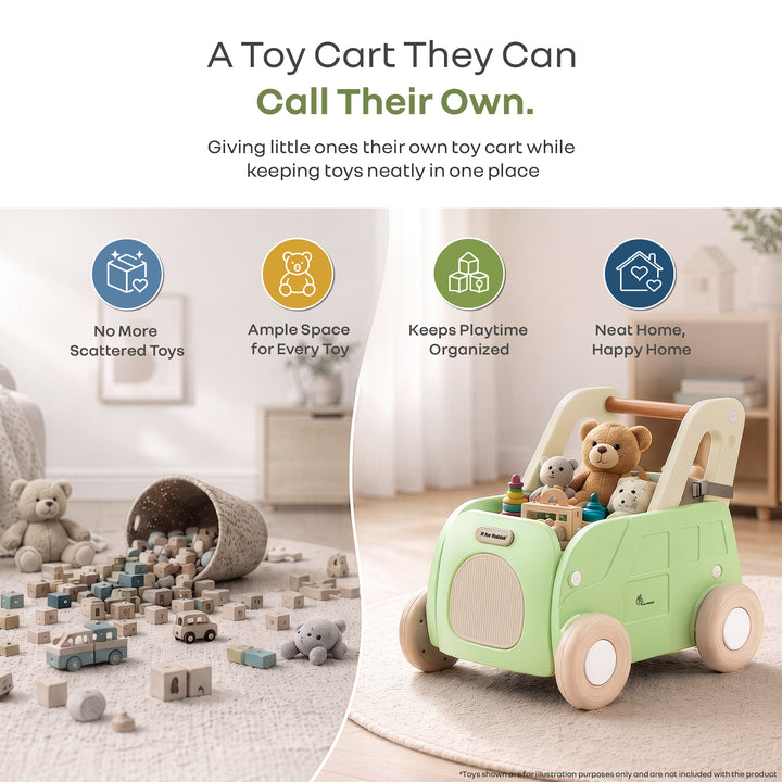 Kiddie Kart 4 in 1 Kids Toy Storage Cart, Sit & Ride, Push Walker & Pull Along, Adjustable Dual Height Handlebar, Quick Plug & Play, Age 0–3 Years – Green Beige