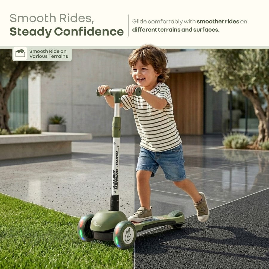 Road Runner Swift Kids Scooter - 3 Level Height Adjustable, Foldable, LED PU Wheels with Gravity Steering - Military Green