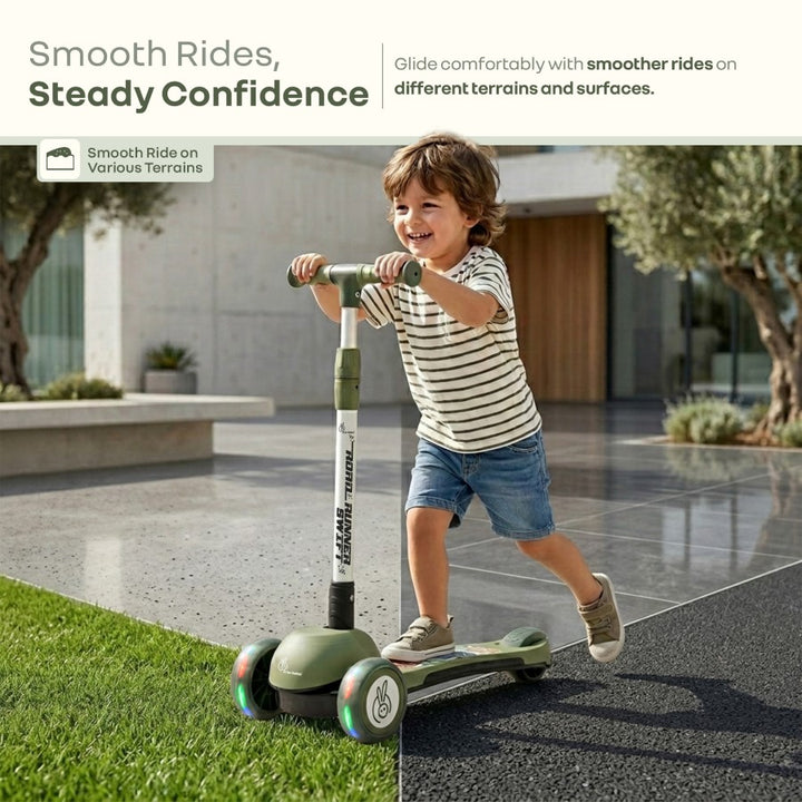 Road Runner Swift Kids Scooter - 3 Level Height Adjustable, Foldable, LED PU Wheels with Gravity Steering - Military Green