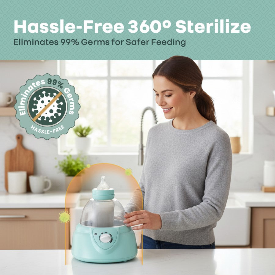 Woman using a teal sterilizer in a kitchen with text about sterilization benefits.