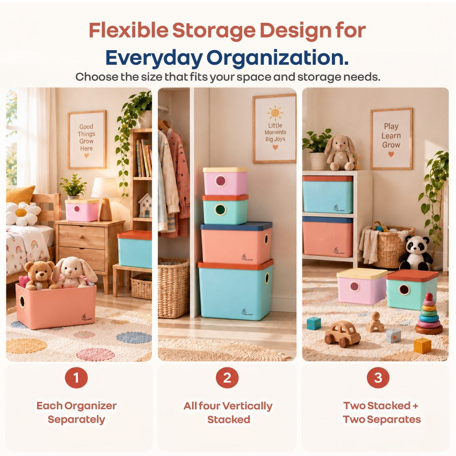 Kiddo Korner Multi Storage Organiser with Lid BPA Free PP Material Set of 4 - Aqua Multi