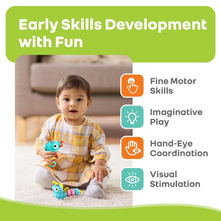 Baby playing with toys on a carpeted floor, surrounded by text and icons about early skills development.