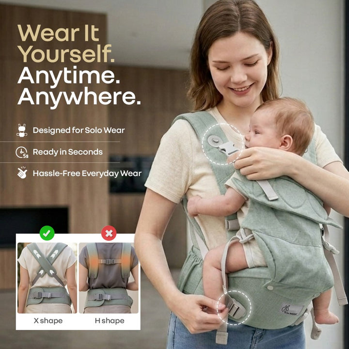 Solo Wrap Comfy 5-in-1 Baby Carrier with Detachable Hip Seat, X Back & Lumbar Support, Ergonomic M Position - Light Sage Green