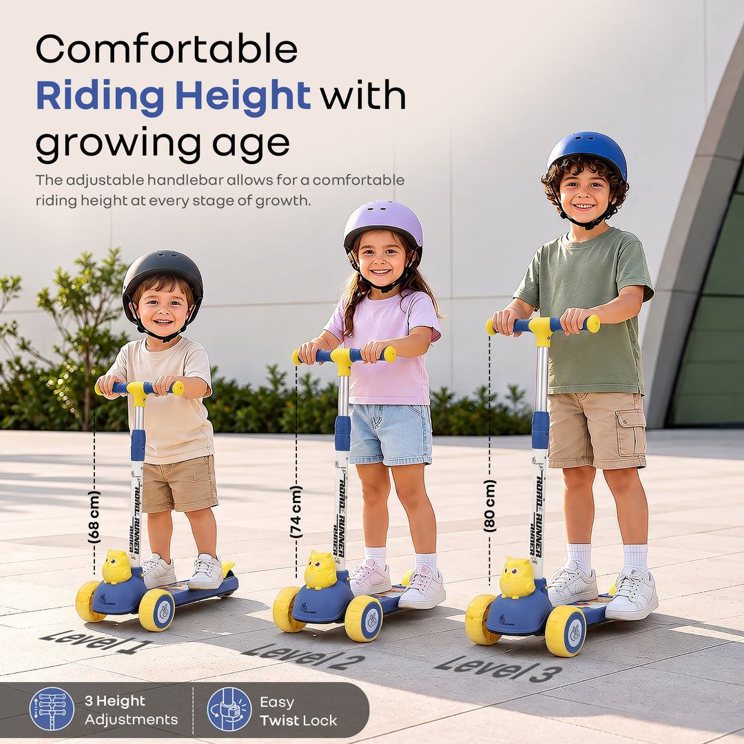 Road Runner Ryder Kids Scooter - PU LED wheels & Multi-Level Height Adjustment - Blue Yellow