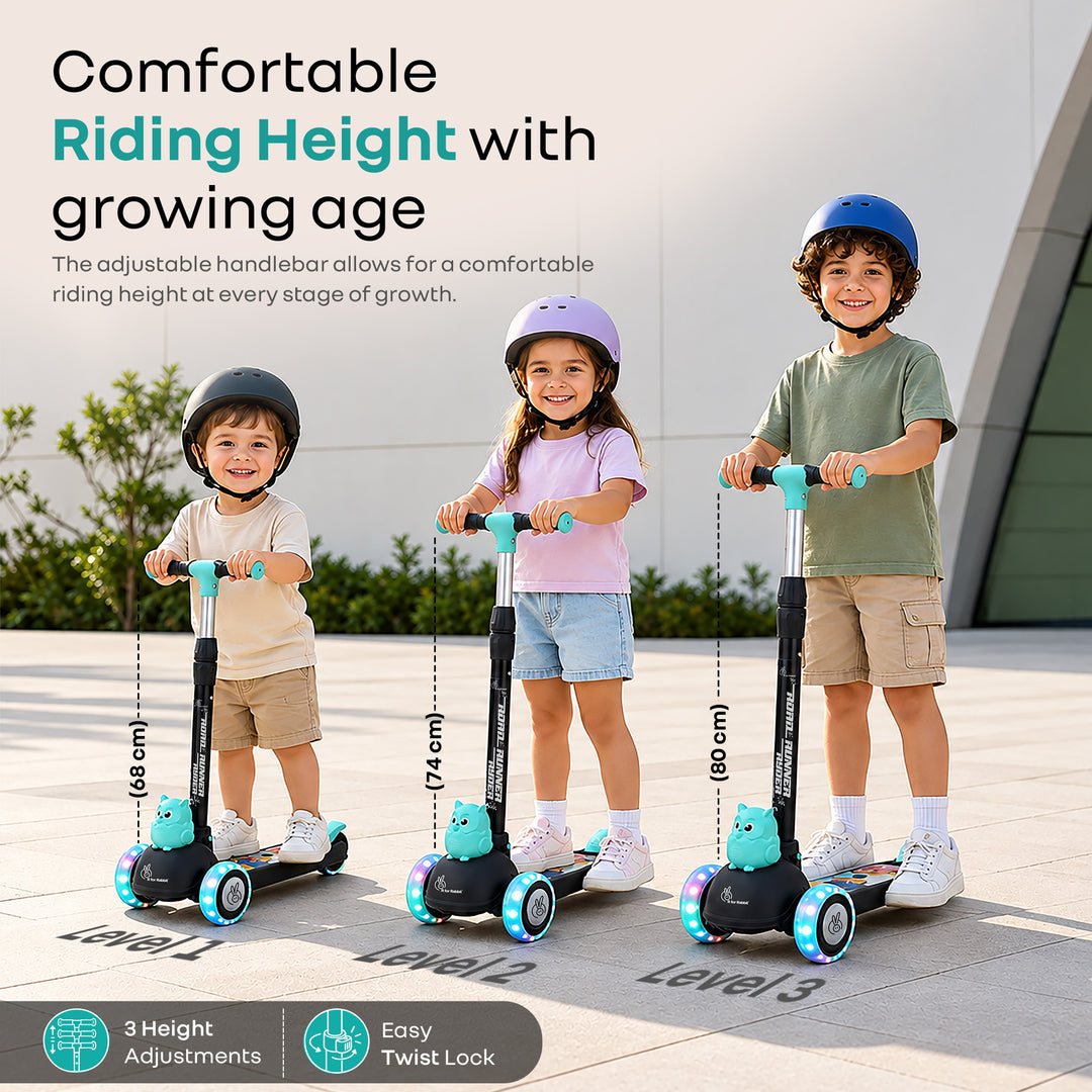 Road Runner Ryder Kids Scooter - PU LED wheels & Multi-Level Height Adjustment - Black Blue