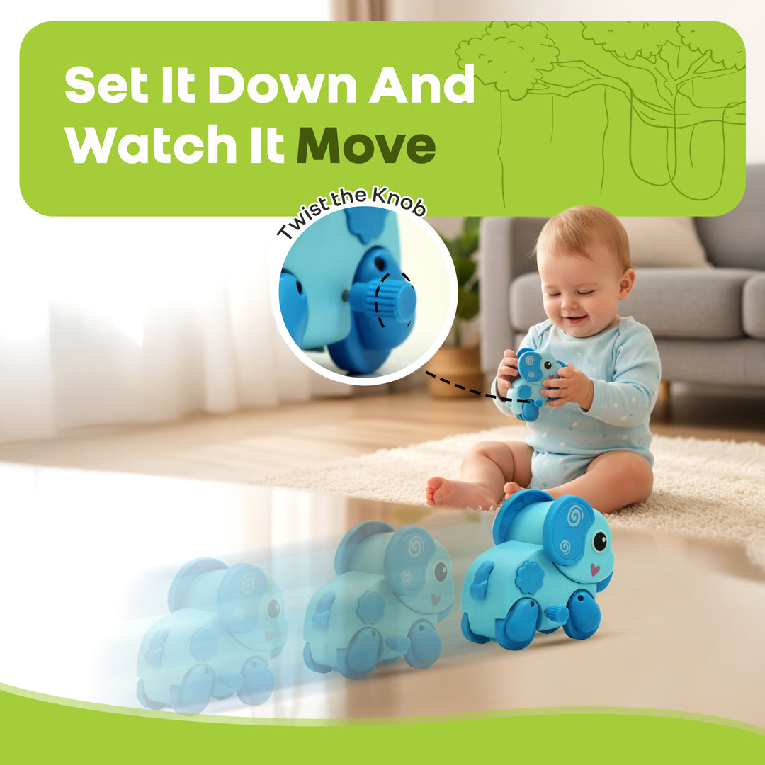 Orapple Safari - Set of 4 Windup Animal Toys for Babies (Panda, Lion, Elephant, Deer)