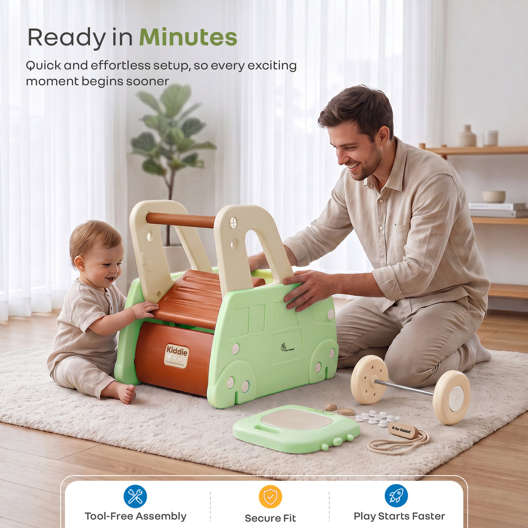 Kiddie Kart 4 in 1 Kids Toy Storage Cart, Sit & Ride, Push Walker & Pull Along, Adjustable Dual Height Handlebar, Quick Plug & Play, Age 0–3 Years – Green Beige
