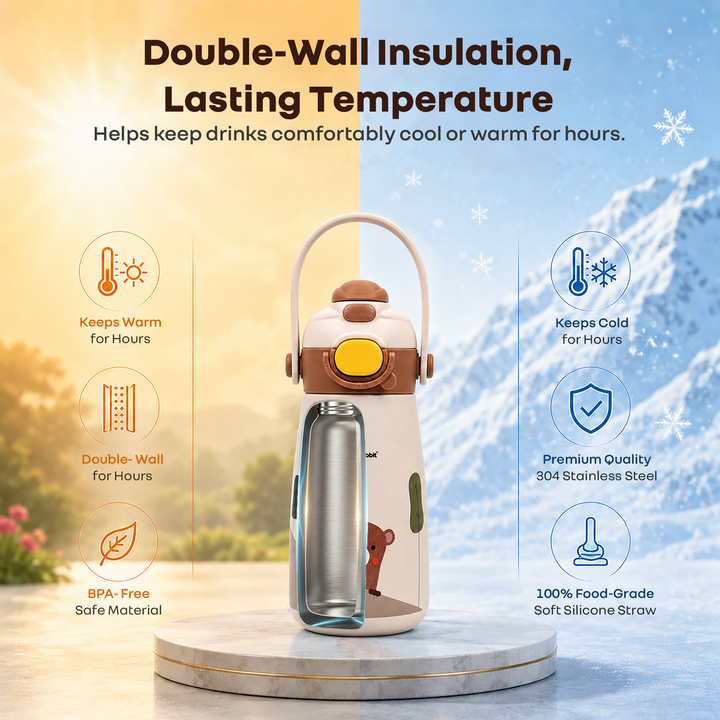 Steebo Duo 2-in-1 Stainless Steel Straw Sipper Bottle 500ml with Double Wall Insulation, Leak Proof Lockable Lid & Anti-Colic Design - Almond Cream