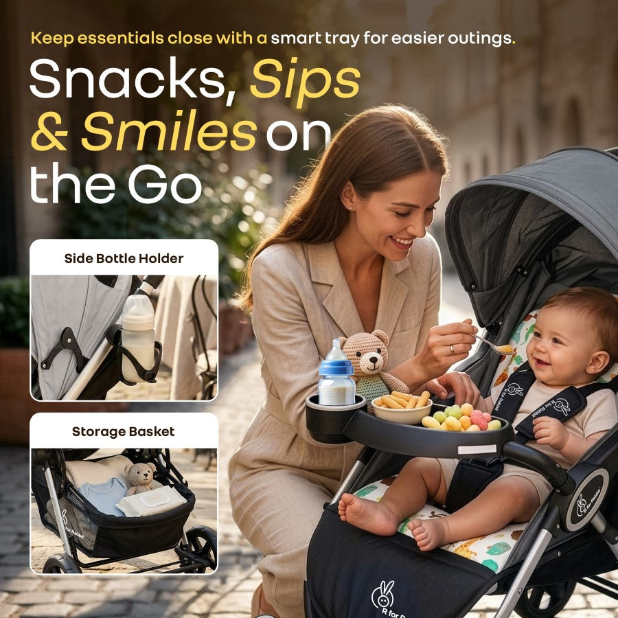 Chocolate Ride Stroller For Kids Reversible Handle, Multiple Recline Positions, Cup Holder with Meal Tray, 5 Point Safety Harness, Storage Basket - Grey Safari