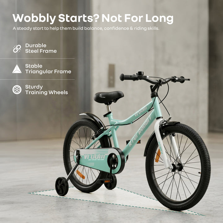 Vroom Bicycle For Kids 20 Inch With 90% Plug And Play For Ease Of Installation, Wide Training Wheels, Adjustable Seat, 7-10yrs, Upto 50kgs - Sea Green
