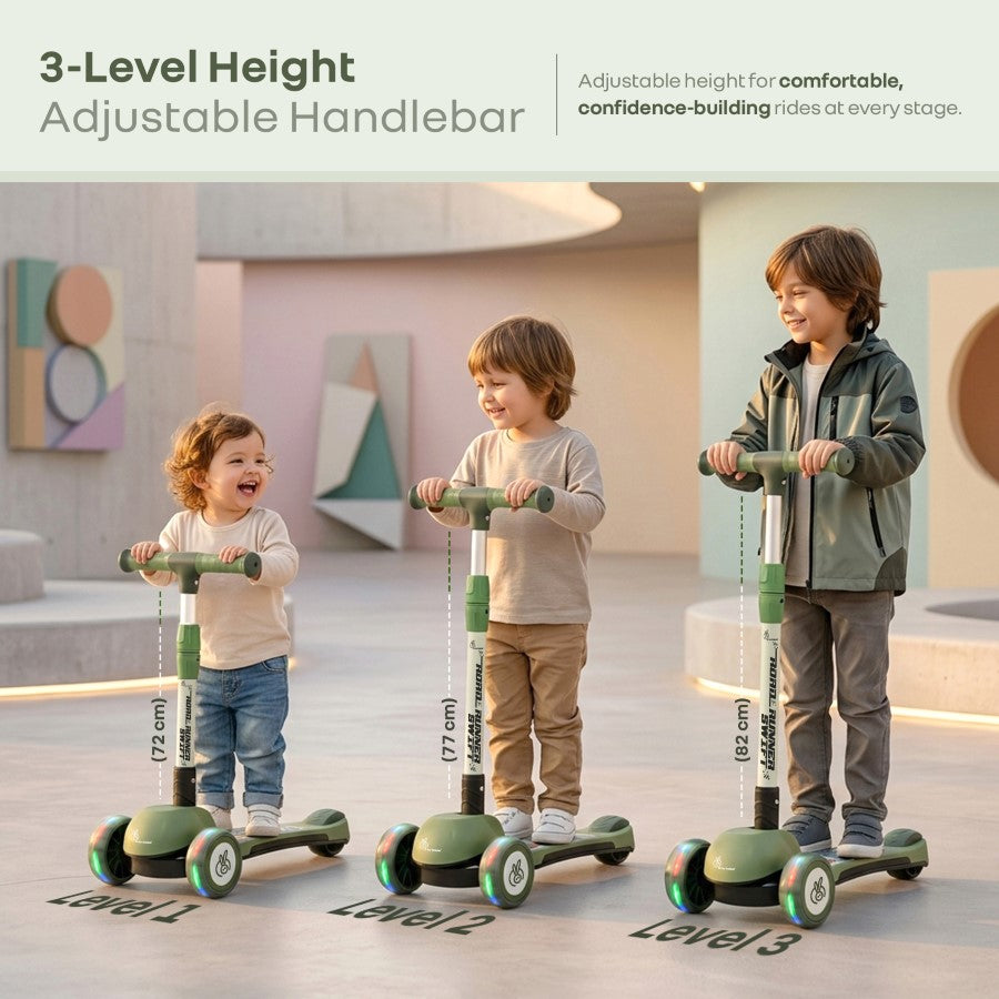 Road Runner Swift Kids Scooter - 3 Level Height Adjustable, Foldable, LED PU Wheels with Gravity Steering - Military Green