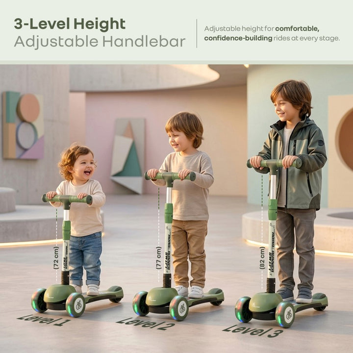 Road Runner Swift Kids Scooter - 3 Level Height Adjustable, Foldable, LED PU Wheels with Gravity Steering - Military Green