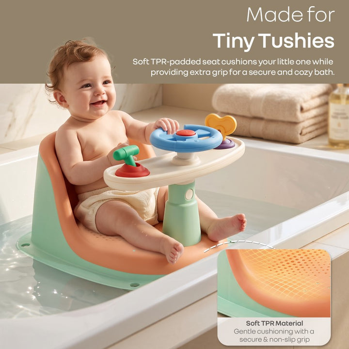 Fun Time Cozy 2 in 1 Baby Bath Seat, Ergonomic TPR Backrest, Quick Draining Mesh, Interactive Toy, Anti-Slip, Age 6+ Months – Peach Mint