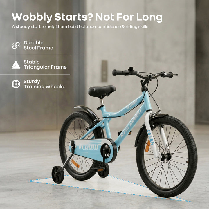 Vroom Bicycle For Kids 20 Inch With 90% Plug And Play For Ease Of Installation, Wide Training Wheels, Adjustable Seat, 7-10yrs, Upto 50kgs - Lake Blue