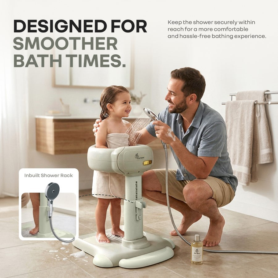 Fun Time Aqua Hug Kids Bath Stand, Wide Adjustable Handrail, Anti-Skid Base, Sturdy Triangular Frame, Built-In Shower Rack, Adjustable Height, Age 9–36 Months – Grecian Green