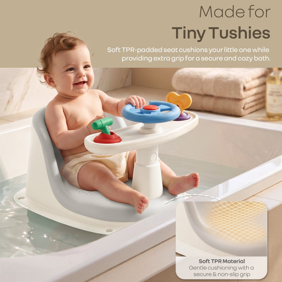 Fun Time Cozy 2 in 1 Baby Bath Seat, Ergonomic TPR Backrest, Quick Draining Mesh, Interactive Toy, Anti-Slip, Age 6+ Months – Grey Ivory