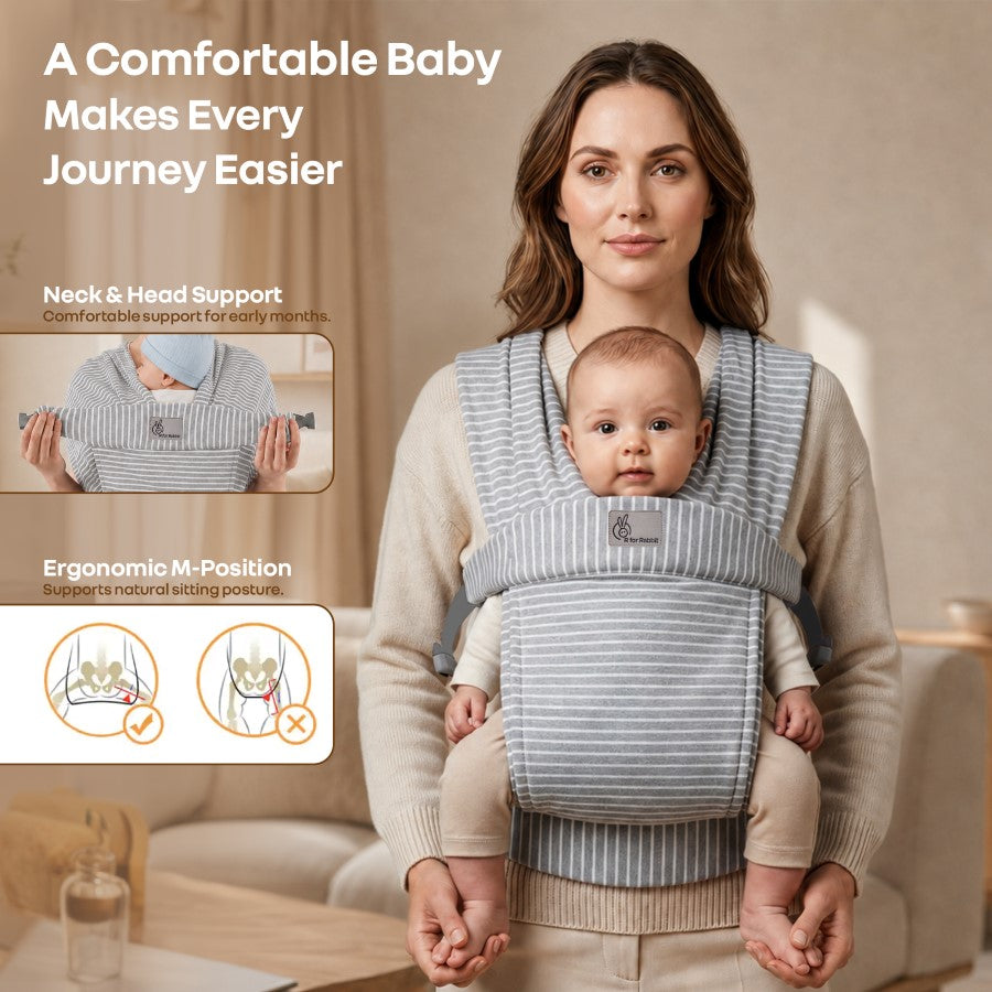 Solo Wrap Flexi Self-Wear Baby Carrier with Feather-Light Cotton Fabric and Ergonomic M-Shape Support – Mist Grey Stripes