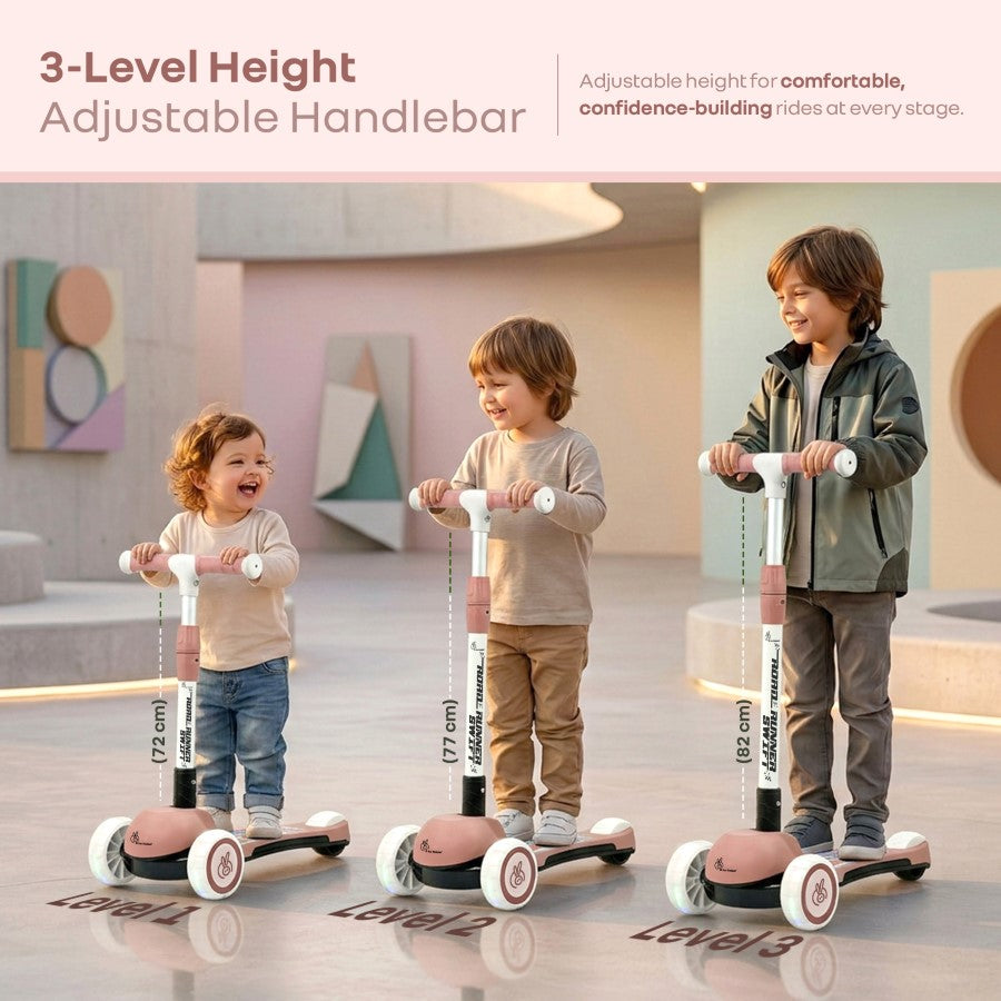 Road Runner Swift Kids Scooter - 3 Level Height Adjustable, Foldable, LED PU Wheels with Gravity Steering - Dusty Rose