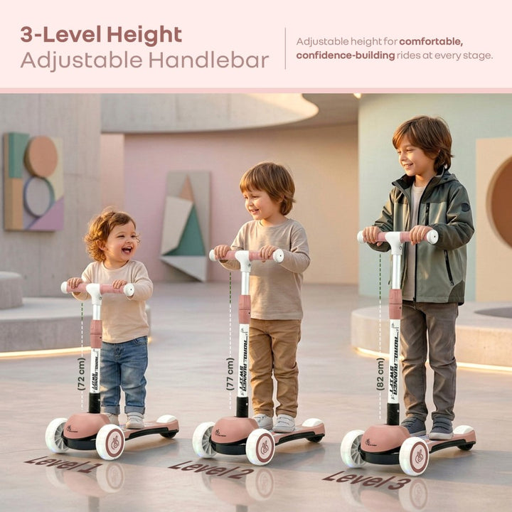 Road Runner Swift Kids Scooter - 3 Level Height Adjustable, Foldable, LED PU Wheels with Gravity Steering - Dusty Rose
