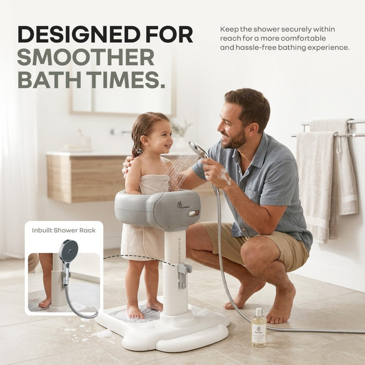 Fun Time Aqua Hug Kids Bath Stand, Wide Adjustable Handrail, Anti-Skid Base, Sturdy Triangular Frame, Built-In Shower Rack, Adjustable Height, Age 9–36 Months – Metallic Grey