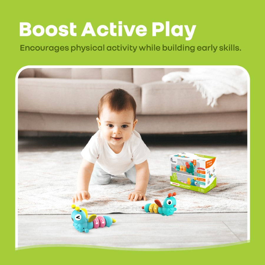 Baby playing with toys on a wooden floor with a green background and text about active play.