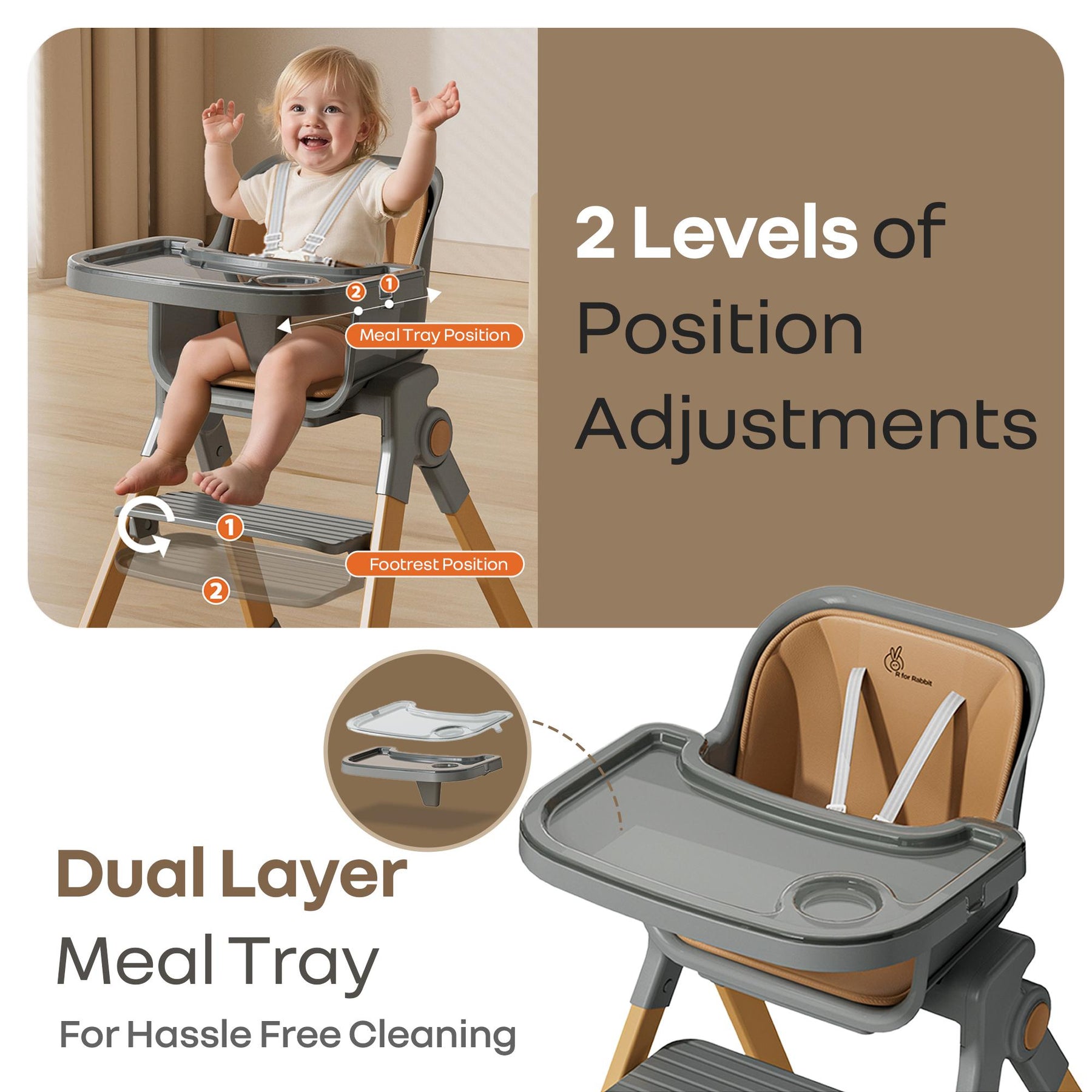 Booster Stool Walnut High Chair Dark Grey 3 in 1 with Booster Stool - R for Rabbit