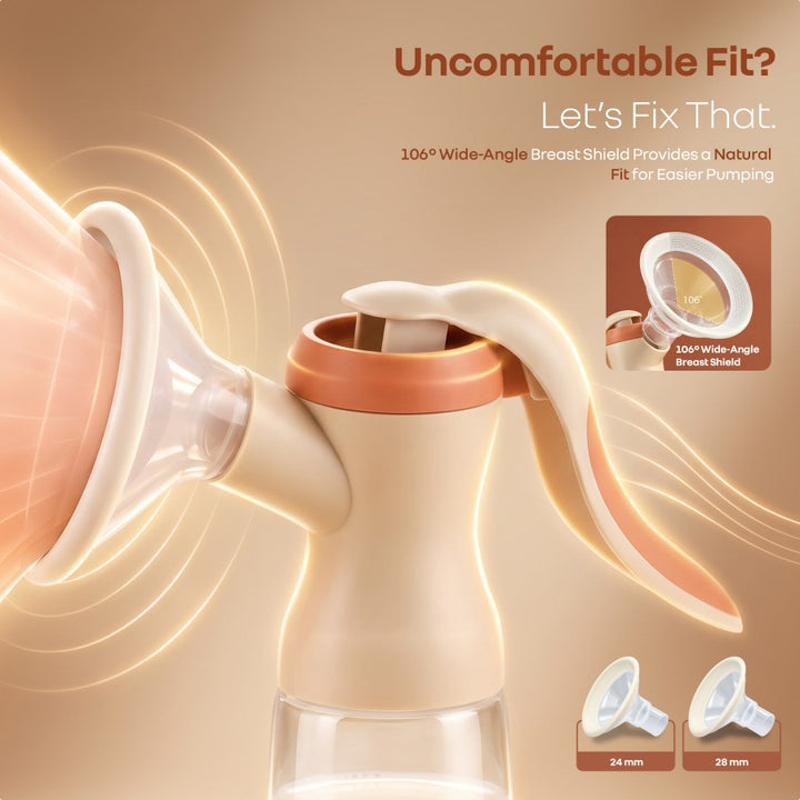 First Feed Comfy Manual Breast Pump with 106° Wide Angle Shield, 2 Adjustable Suction Modes & Anti Back Flow Design BPA Free - Apricot Orange