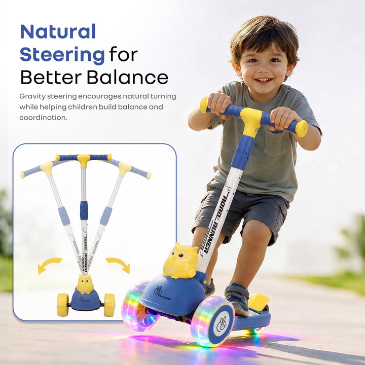 Road Runner Ryder Kids Scooter - PU LED wheels & Multi-Level Height Adjustment - Blue Yellow