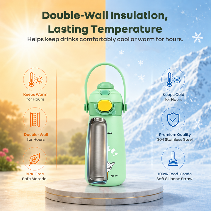 Steebo Duo 2-in-1 Stainless Steel Straw Sipper Bottle 500ml with Double Wall Insulation, Leak Proof Lockable Lid & Anti-Colic Design - Pistachio Green