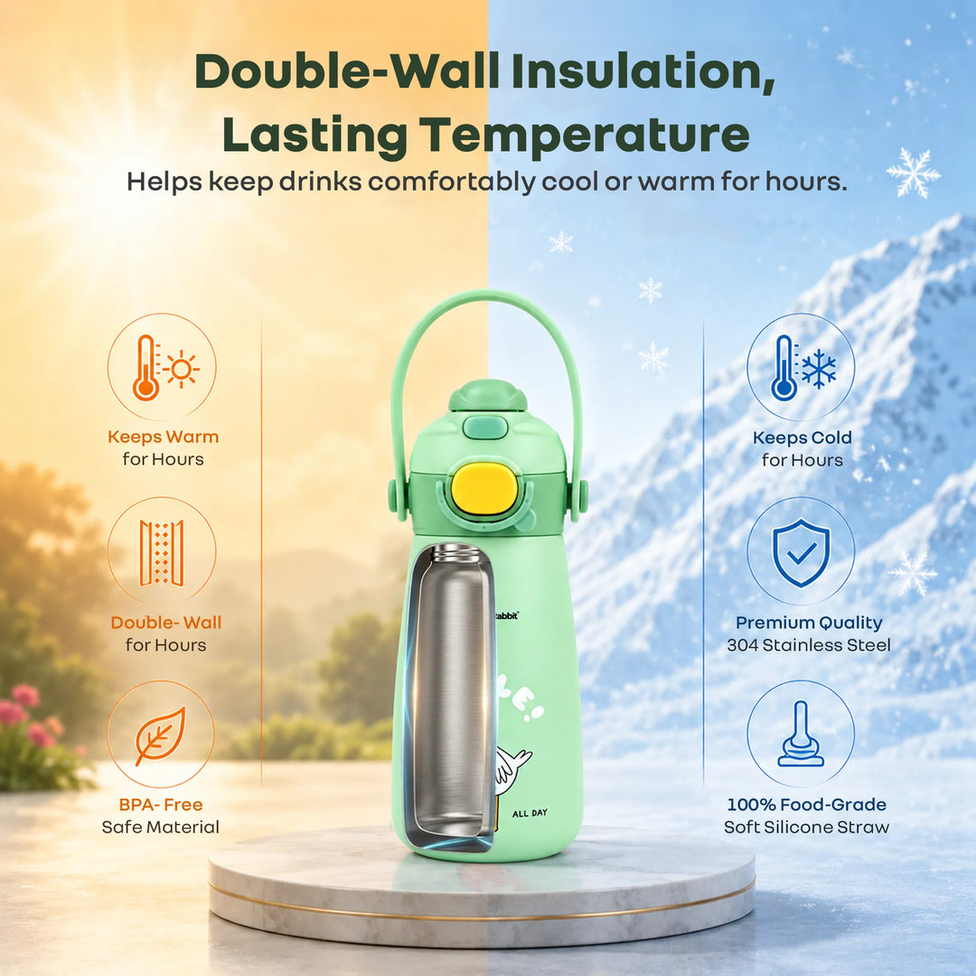 Steebo Duo 2-in-1 Stainless Steel Straw Sipper Bottle 500ml with Double Wall Insulation, Leak Proof Lockable Lid & Anti-Colic Design - Pistachio Green