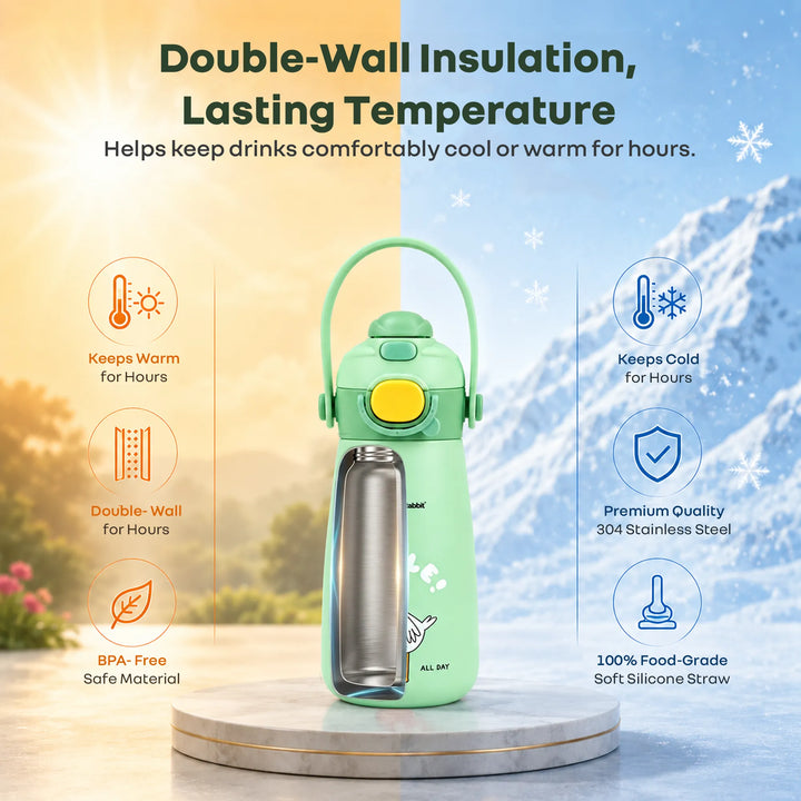 Steebo Duo 2-in-1 Stainless Steel Straw Sipper Bottle 500ml with Double Wall Insulation, Leak Proof Lockable Lid & Anti-Colic Design - Pistachio Green