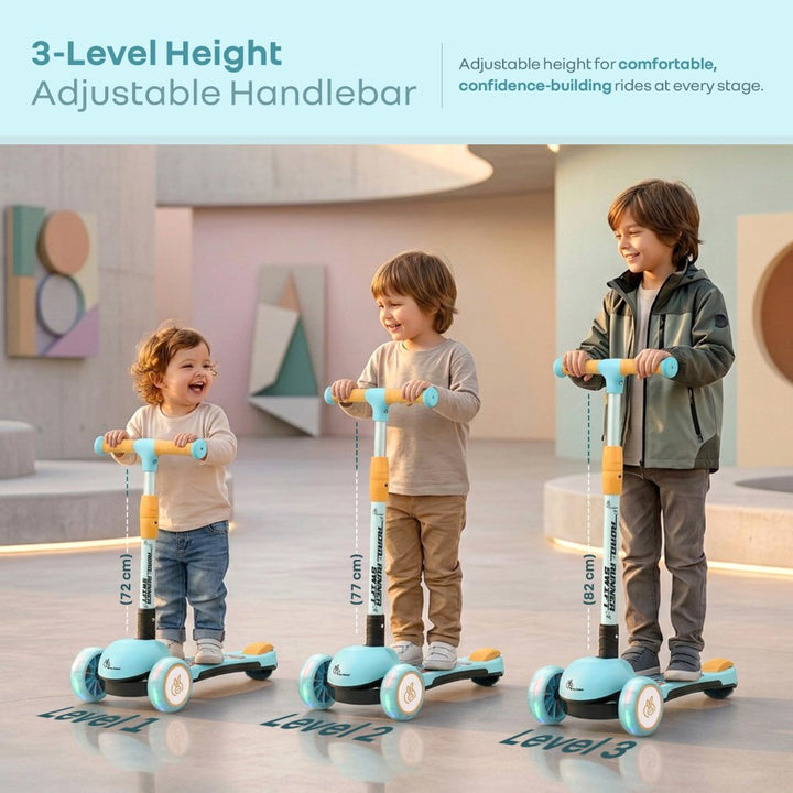 Road Runner Swift Kids Scooter - 3 Level Height Adjustable, Foldable, LED PU Wheels with Gravity Steering - Blue Orange