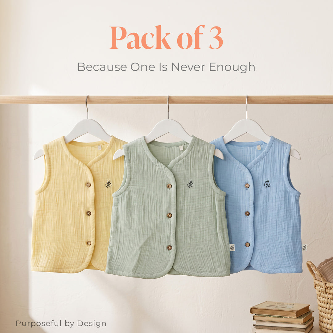Pastelpops Multicolor Cotton Crinkle Front Open Vest Pack of 3 (Design A)