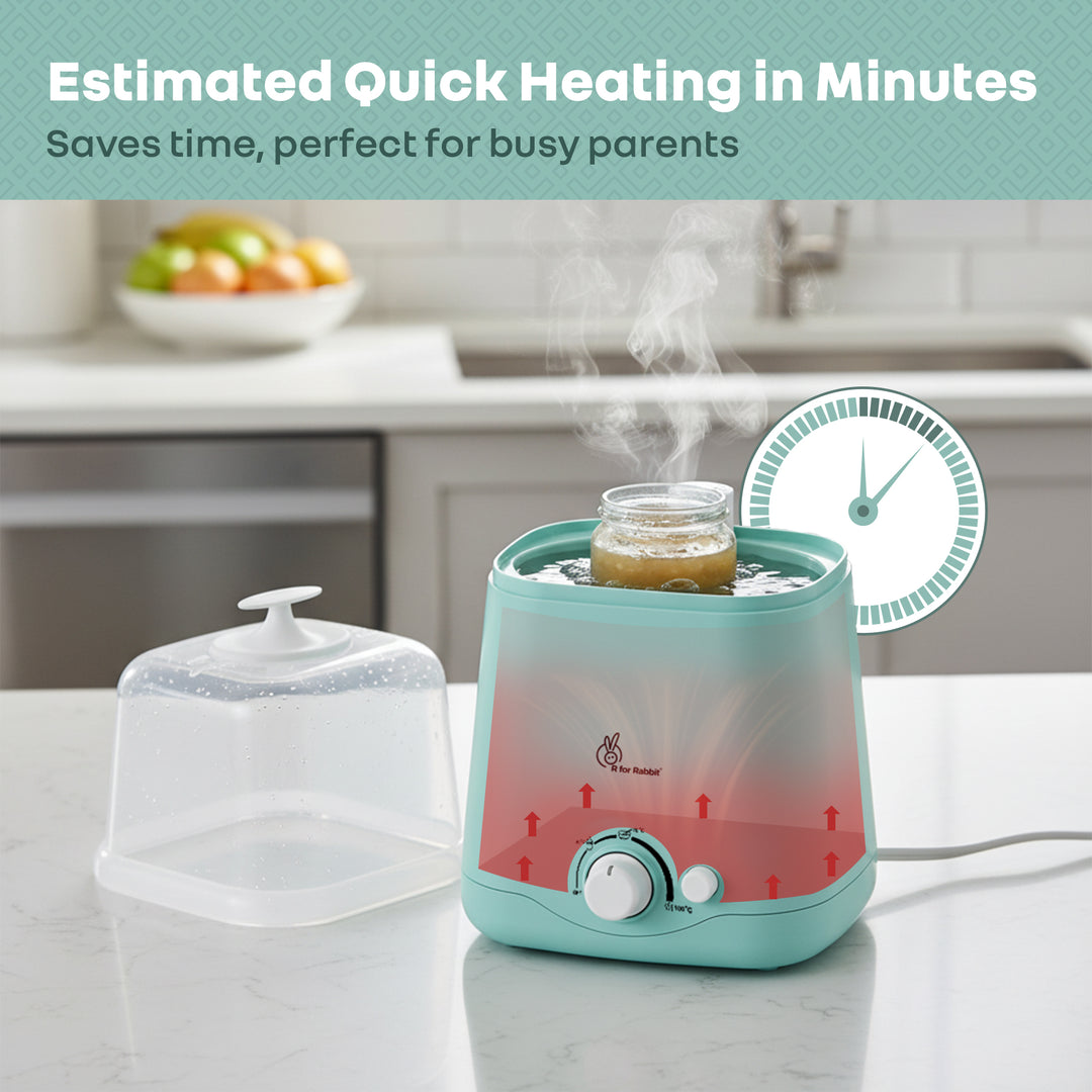 Turquoise baby food warmer on a kitchen counter with text about quick heating and convenience for busy parents.