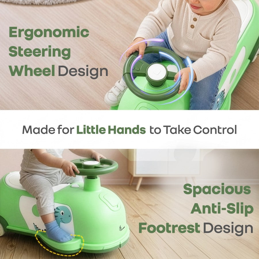 Iya Iya Poppy 3 in 1 Kids Pull Along & Push Ride On Swing Car, Fun Dino Design, Toy Compartment, ABEC 7 Bearing, Age 2+ Years - Green White