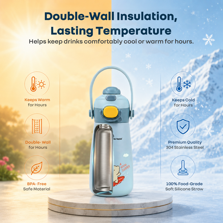 Steebo Duo 2-in-1 Stainless Steel Straw Sipper Bottle 500ml with Double Wall Insulation, Leak Proof Lockable Lid & Anti-Colic Design - Ice Blue