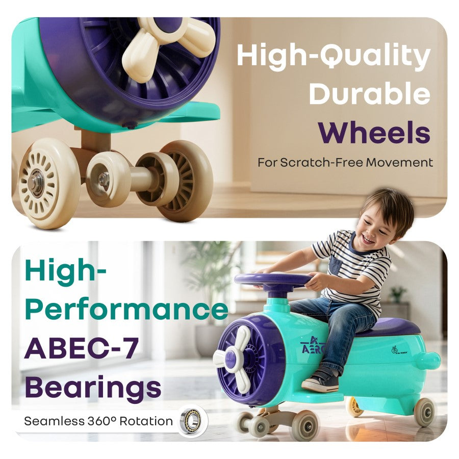 R for Rabbit Iya Iya Aero Ace 2-in-1 Swing Car Ride On for Kids with Toy Storage, Smooth Wheels & ABEC 7 Bearing - Green Purple