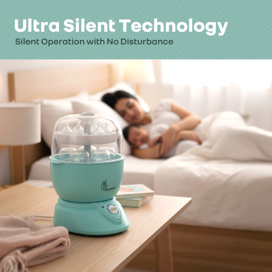 Turquoise humidifier on a table with a blurred background of a couple in bed, emphasizing 'Ultra Silent Technology'.