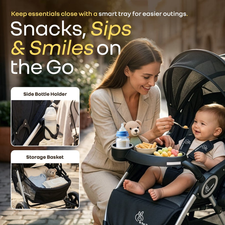 Chocolate Ride Baby Stroller With Personalized Name Plate - Black Grey