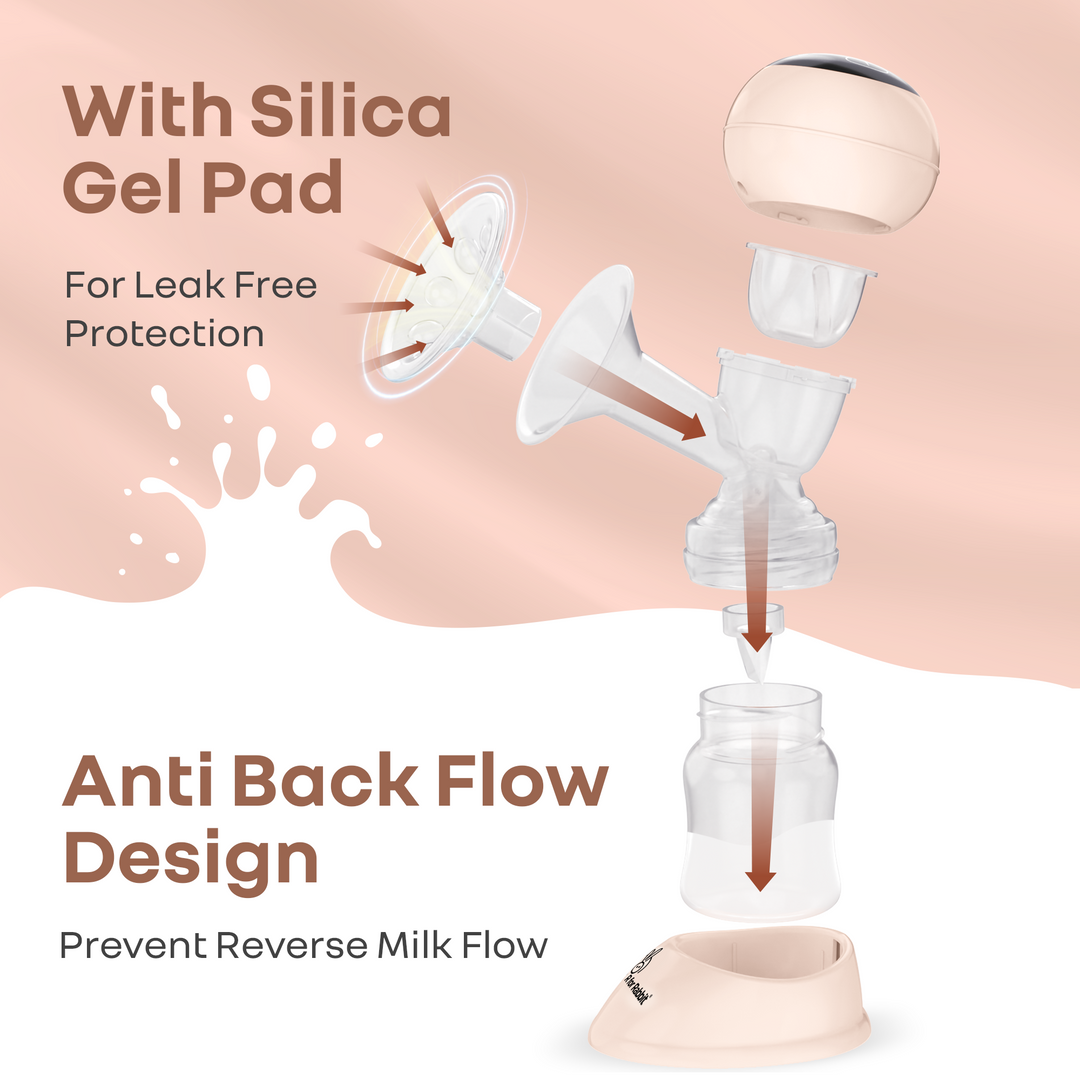 Breast pump with silica gel pad feature on a beige background