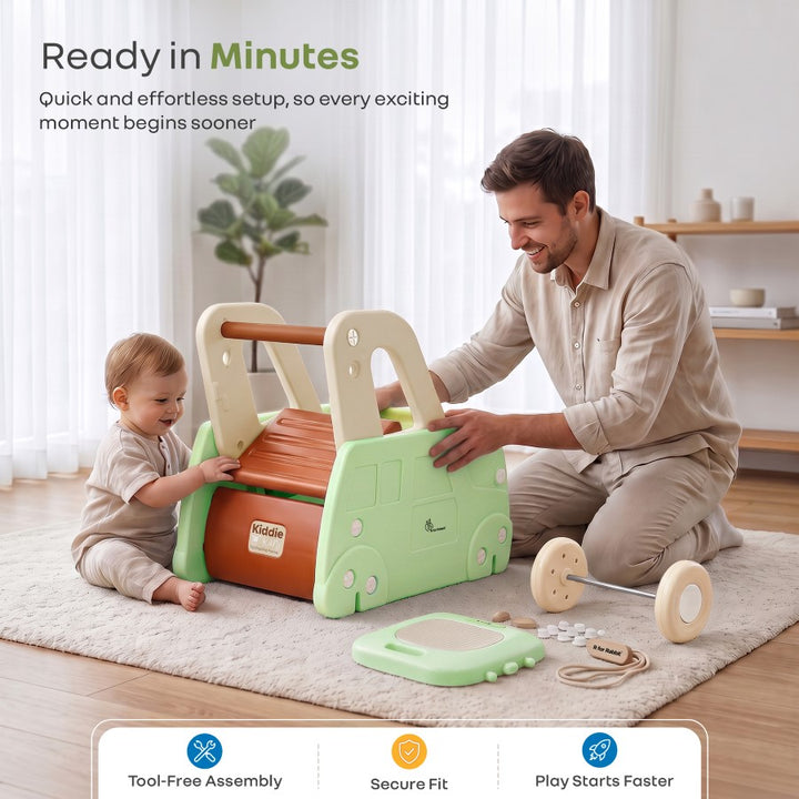 Kiddie Kart 4 in 1 Kids Toy Storage Cart, Sit & Ride, Push Walker & Pull Along, Adjustable Dual Height Handlebar, Quick Plug & Play, Age 0–3 Years – Green Beige