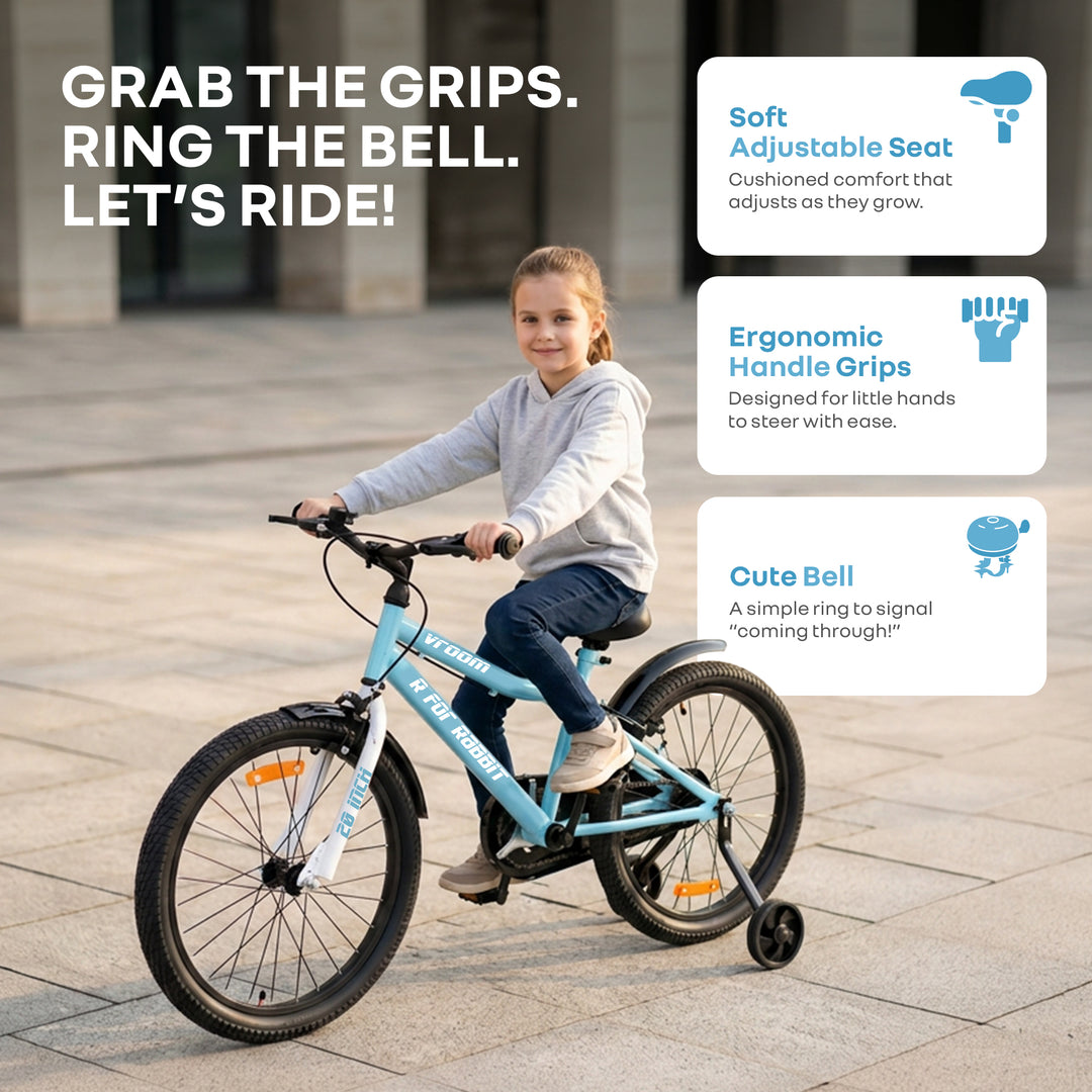 Vroom Bicycle For Kids 20 Inch With 90% Plug And Play For Ease Of Installation, Wide Training Wheels, Adjustable Seat, 7-10yrs, Upto 50kgs - Lake Blue