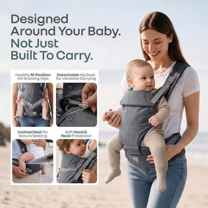 Solo Wrap Comfy 5-in-1 Baby Carrier with Detachable Hip Seat, X Back & Lumbar Support, Ergonomic M Position - Charcoal Grey