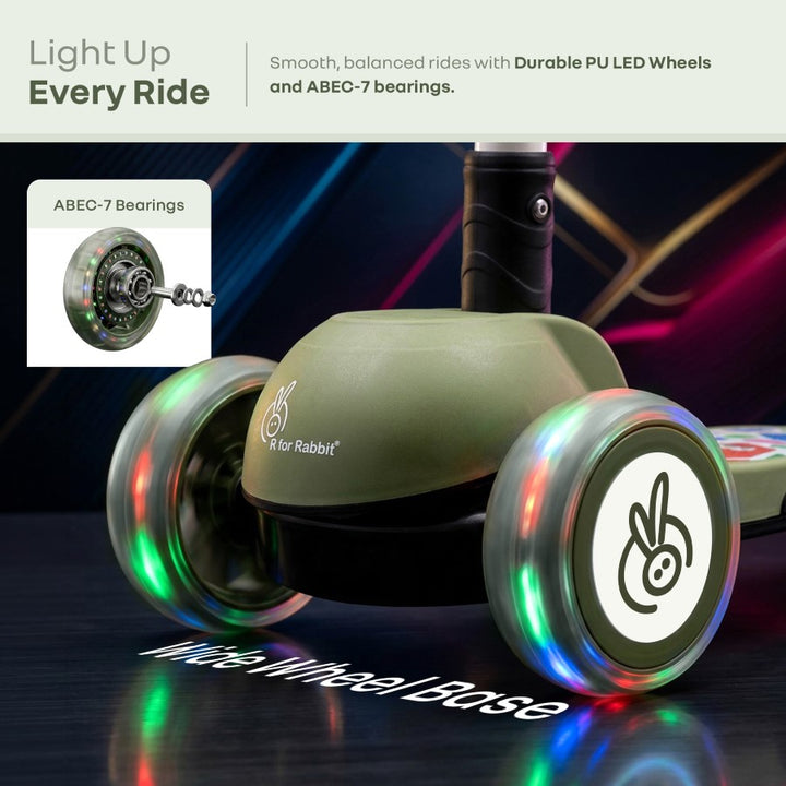 Road Runner Swift Kids Scooter - 3 Level Height Adjustable, Foldable, LED PU Wheels with Gravity Steering - Military Green