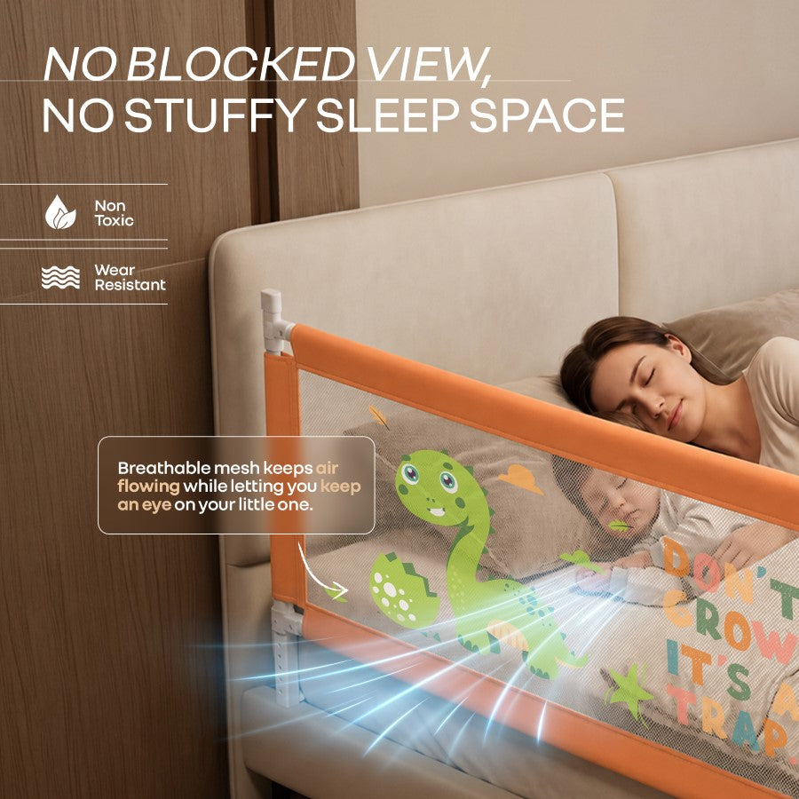 Safari Bed Rail for Baby Easy Install, Anti-Fall Safeguard for Toddler Safety - Dino Peach