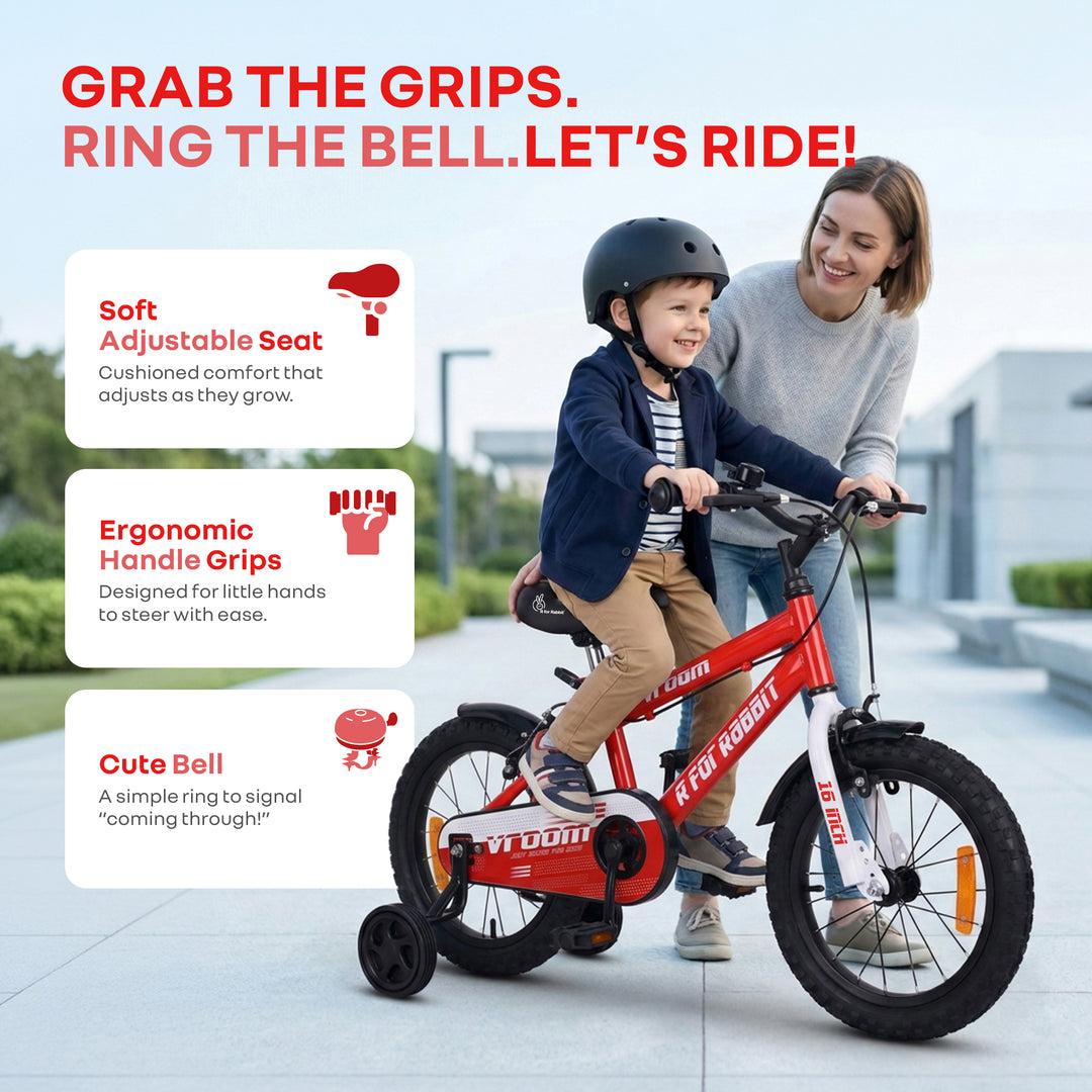 Vroom Bicycle For Kids 16 Inch With 90% Plug And Play For Ease Of Installation, Wide Training Wheels, Adjustable Seat, 4-7yrs, Upto 40kgs - Red