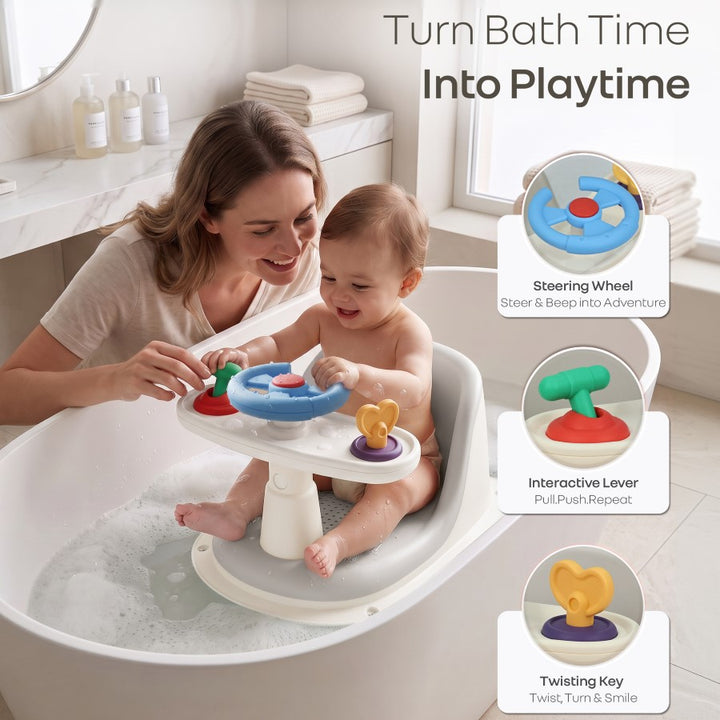 Fun Time Cozy 2 in 1 Baby Bath Seat, Ergonomic TPR Backrest, Quick Draining Mesh, Interactive Toy, Anti-Slip, Age 6+ Months – Grey Ivory