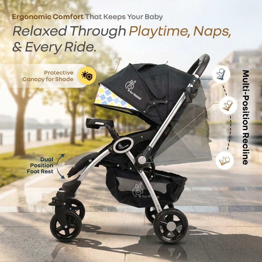 Chocolate Ride Stroller For Kids Reversible Handle, Multiple Recline Positions, Cup Holder with Meal Tray, 5 Point Safety Harness, Storage Basket - Black Multi